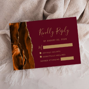 Burnt Orange Agate Gold Burgundy Wedding RSVP Card