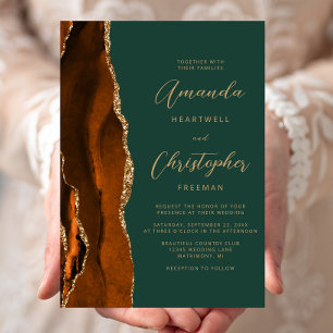 Burnt Orange Agate Gold Dark Green Script Wedding Invitation