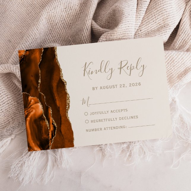 Burnt Orange Agate Gold Ivory Wedding RSVP Card (Creator Uploaded)