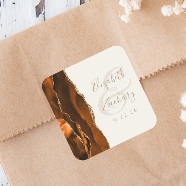 Burnt Orange Agate Gold Ivory Wedding Square Sticker (Creator Uploaded)
