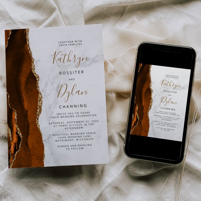 Burnt Orange Agate Gold Marble Wedding Invitation (Creator Uploaded)