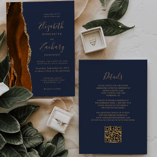 Burnt Orange Agate Gold Navy Blue QR Code Wedding Invitation