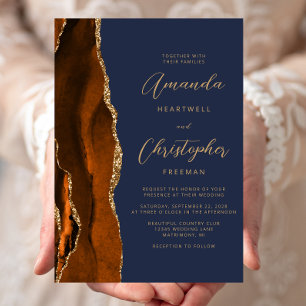 Burnt Orange Agate Gold Navy Blue Script Wedding Invitation
