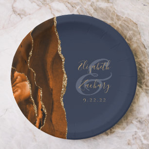 Burnt Orange Agate Gold Navy Blue Wedding Paper Plate