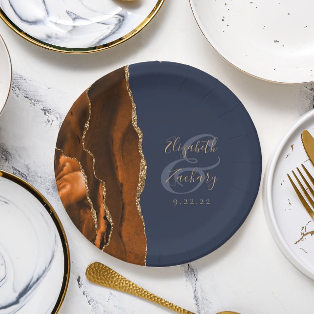 Burnt Orange Agate Gold Navy Blue Wedding Paper Plate (Creator Uploaded)