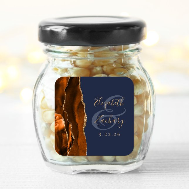 Burnt Orange Agate Gold Navy Blue Wedding Square Sticker (Creator Uploaded)