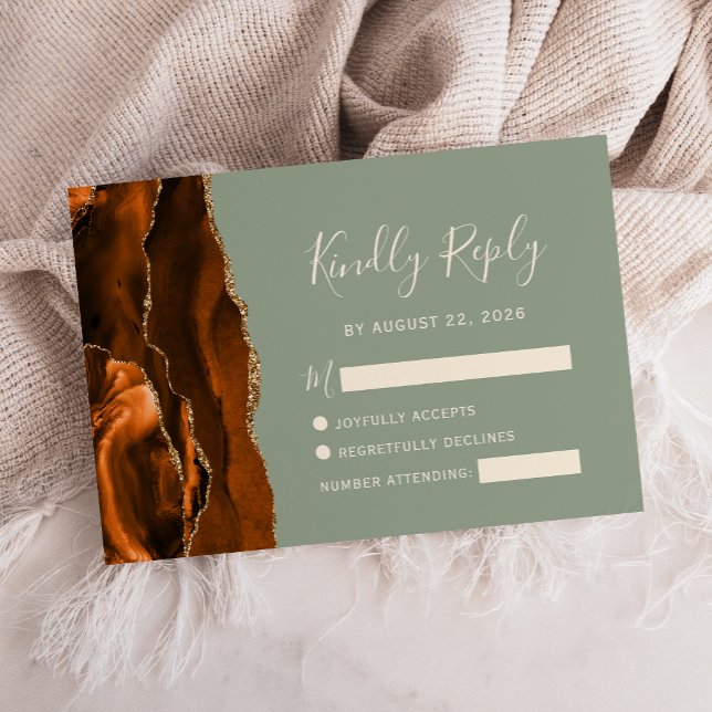 Burnt Orange Agate Gold Sage Green Wedding RSVP Card (Creator Uploaded)