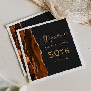 Burnt Orange Agate Gold Script Dark 50th Birthday Napkin