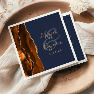Burnt Orange Agate Gold Script Navy Blue Wedding Napkin