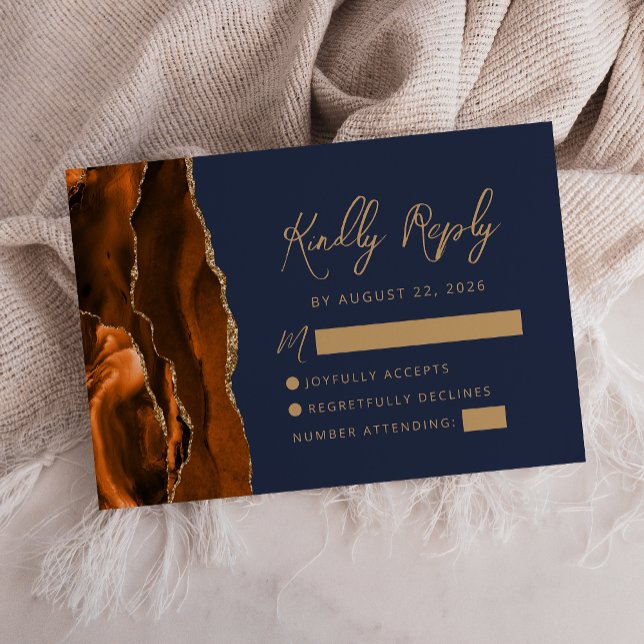 Burnt Orange Agate Gold Script Navy Blue Wedding RSVP Card (Creator Uploaded)