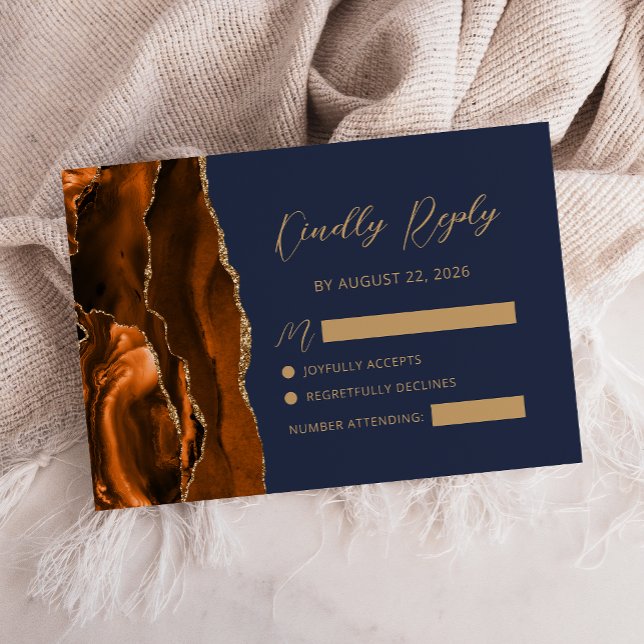 Burnt Orange Agate Gold Script Navy Blue Wedding RSVP Card (Creator Uploaded)