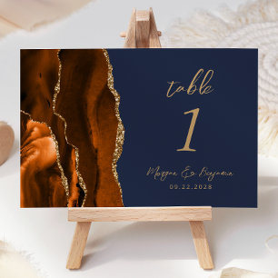 Burnt Orange Agate Gold Script Navy Blue Wedding Table Number