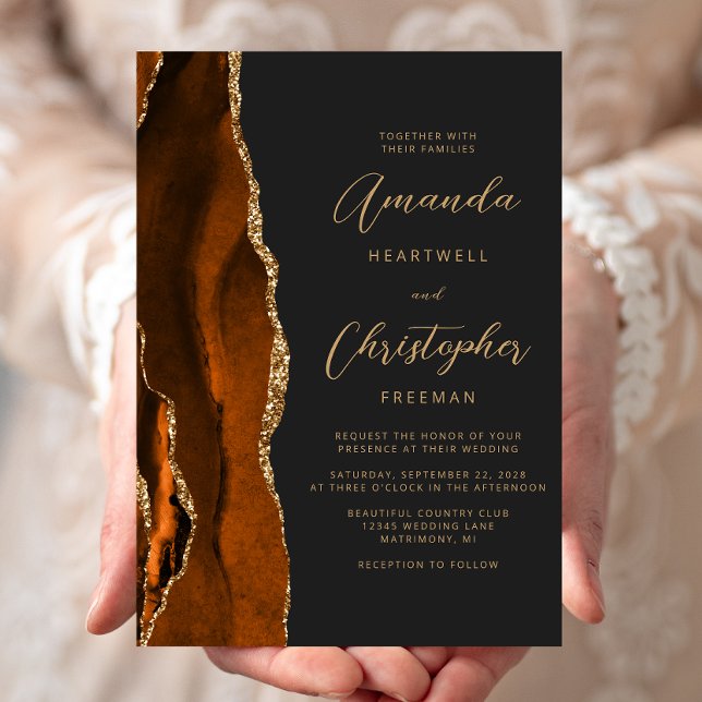 Burnt Orange Agate Gold Script Slate Wedding Invitation (Creator Uploaded)