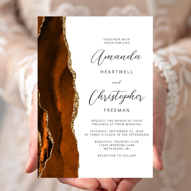 Burnt Orange Agate Gold Script Wedding Invitation (Creator Uploaded)