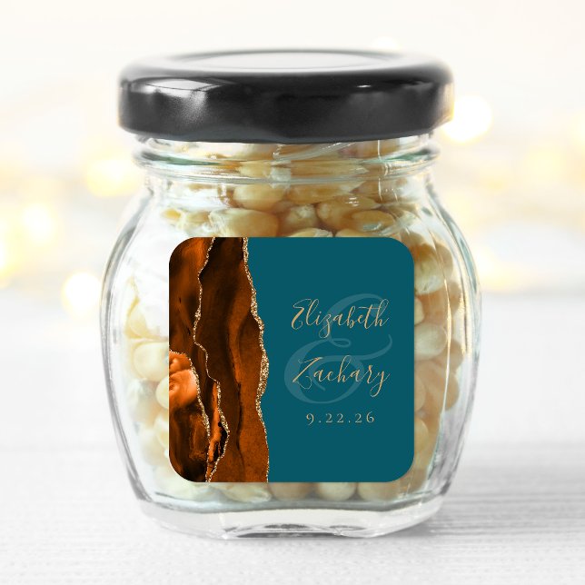 Burnt Orange Agate Gold Teal Wedding Square Sticker (Creator Uploaded)