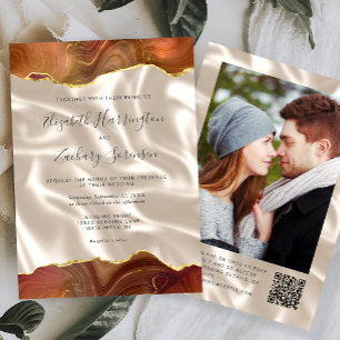 Burnt Orange Agate Ivory Silk Photo QR Code Invitation