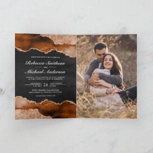 Burnt Orange Agate Marble Charcoal QR Code Wedding Invitation