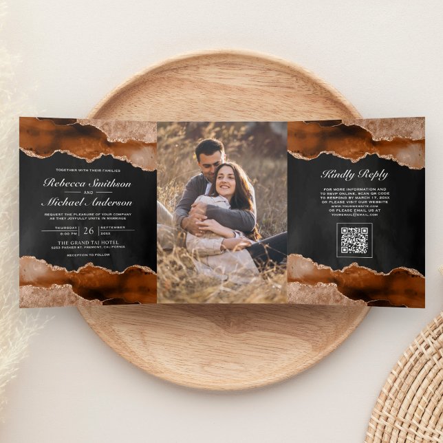 Burnt Orange Agate Marble Charcoal QR Code Wedding Tri-Fold Invitation (Creator Uploaded)