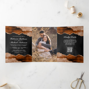 Burnt Orange Agate Marble Charcoal QR Code Wedding Tri-Fold Invitation