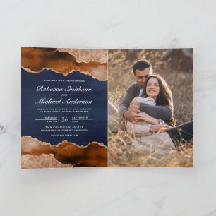 Burnt Orange Agate Marble Navy QR Code Wedding Invitation