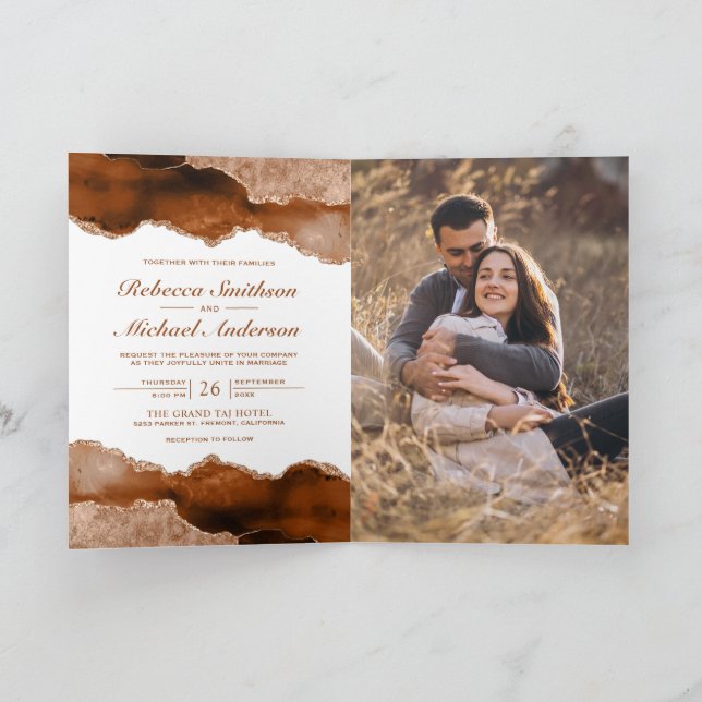 Burnt Orange Agate Marble Photo QR Code Wedding Invitation (Inside)