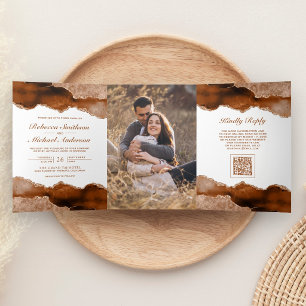 Burnt Orange Agate Marble Photo QR Code Wedding Tri-Fold Invitation