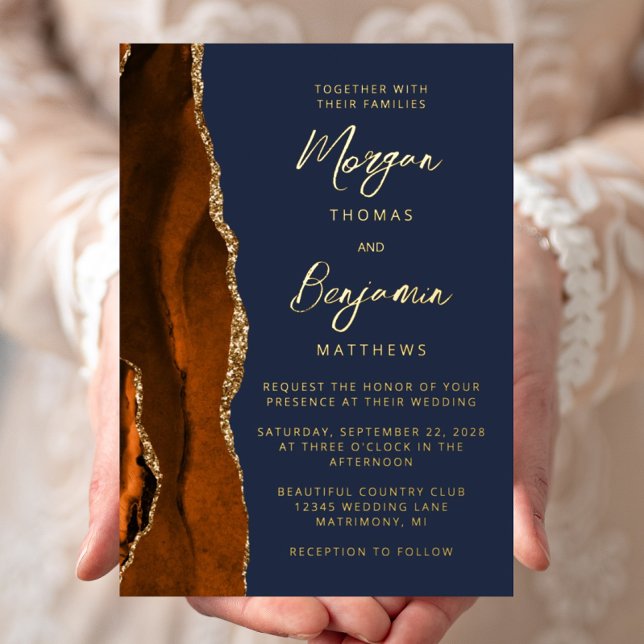Burnt Orange Agate Navy Blue Modern Script Wedding (Creator Uploaded)