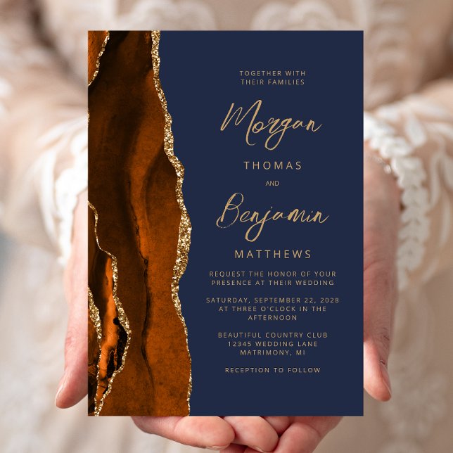 Burnt Orange Agate Navy Blue Modern Script Wedding Invitation (Creator Uploaded)