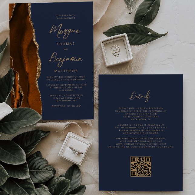 Burnt Orange Agate Navy Blue QR Code Wedding Invitation (Creator Uploaded)