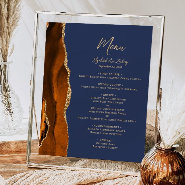 Burnt Orange Agate Navy Blue Wedding Table Menu Poster (Creator Uploaded)