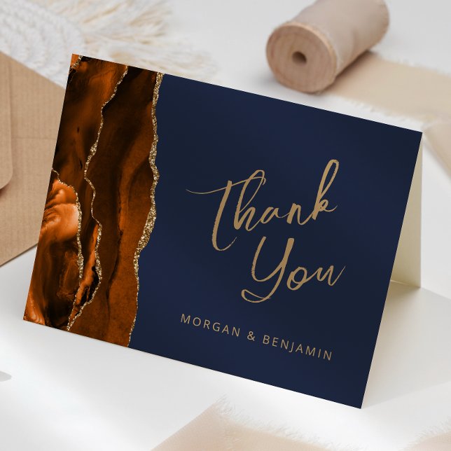 Burnt Orange Agate Navy Blue Wedding Thank You Card (Creator Uploaded)