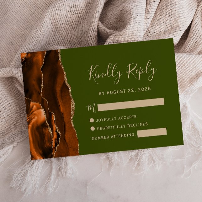 Burnt Orange Agate Olive Green Wedding RSVP Card (Creator Uploaded)