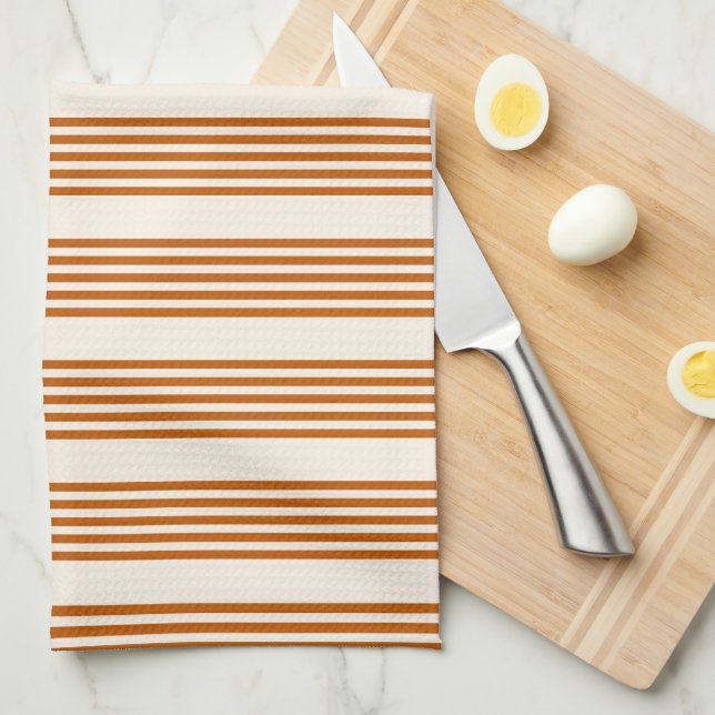 Burnt orange and beige five stripe pattern tea towel (Quarter Fold)