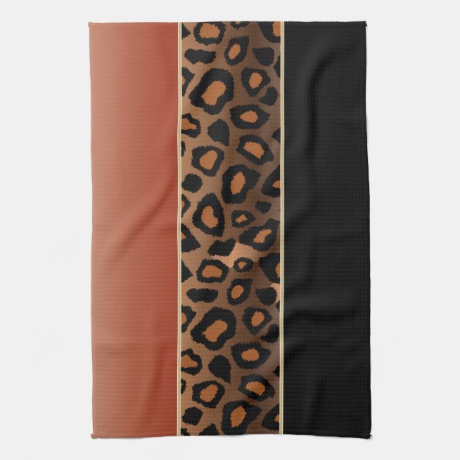 Burnt Orange and Black Leopard Animal Print Tea Towel (Vertical)