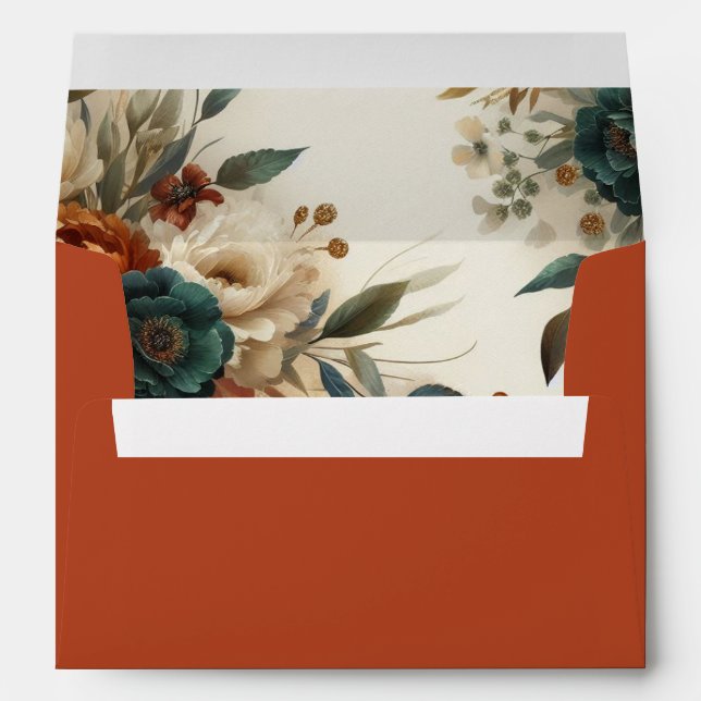 Burnt Orange and Blue Fall Flowers Wedding  Envelope (Back (Bottom))