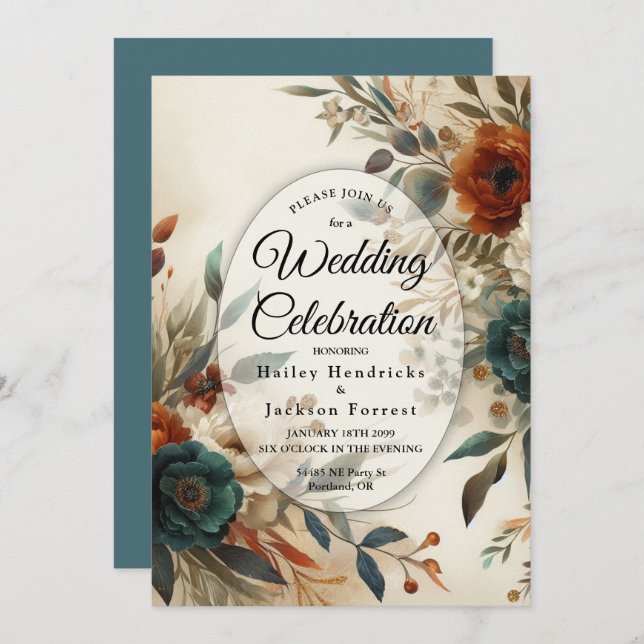 Burnt Orange and Blue Fall Flowers Wedding Invitation (Front/Back)
