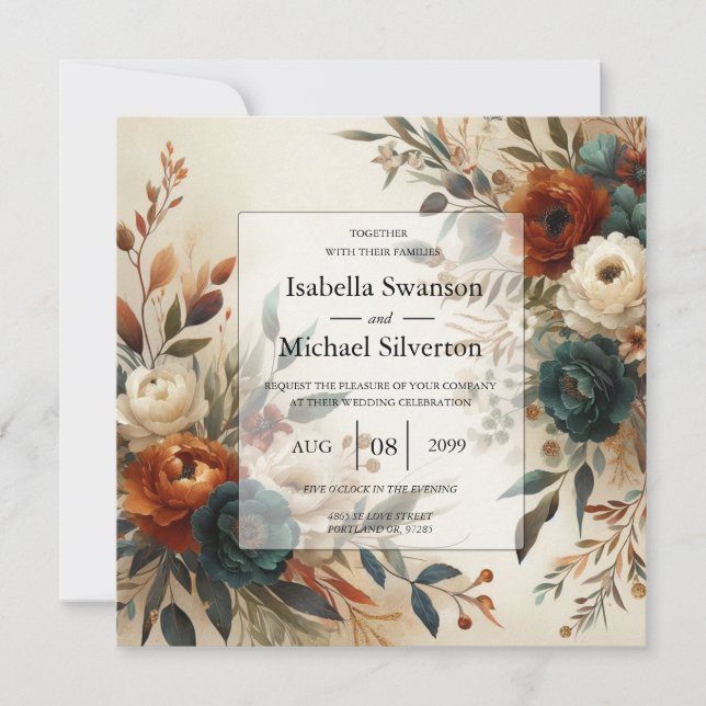 Burnt Orange and Blue Fall Flowers Wedding  Invitation (Front)