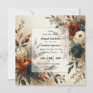 Burnt Orange and Blue Fall Flowers Wedding Invitation