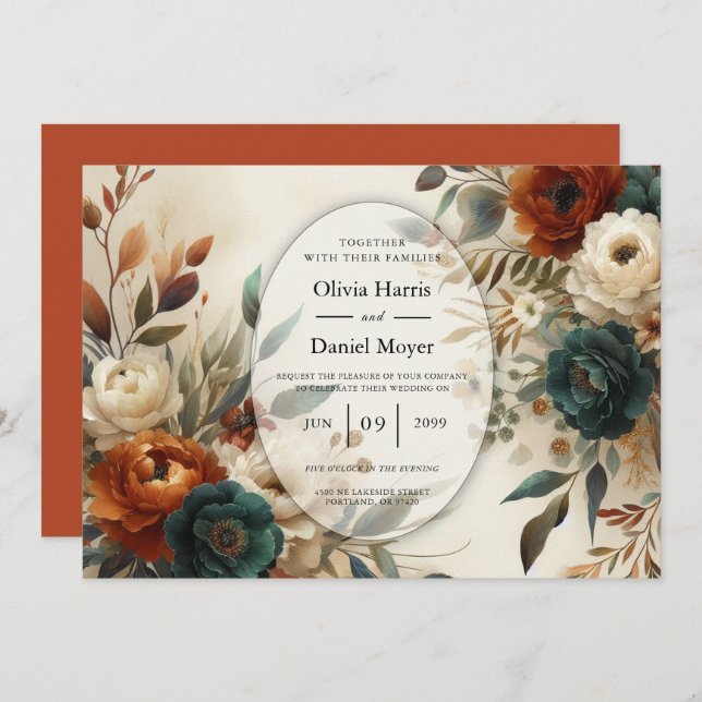 Burnt Orange and Blue Fall Flowers Wedding Invitation (Front/Back)