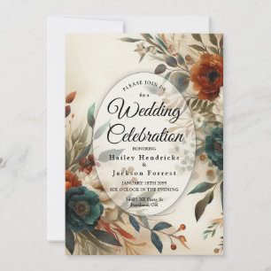 Burnt Orange and Blue Fall Flowers Wedding Invitation