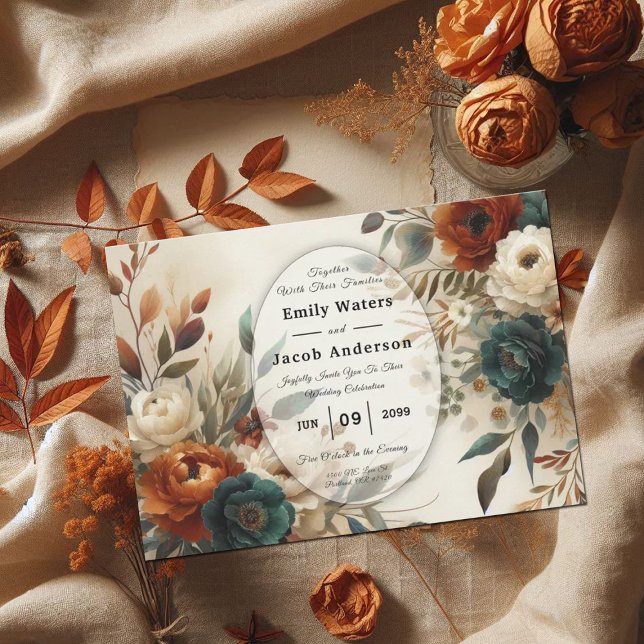 Burnt Orange and Blue Fall Flowers Wedding  Invitation (Creator Uploaded)