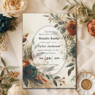 Burnt Orange and Blue Fall Flowers Wedding Invitation