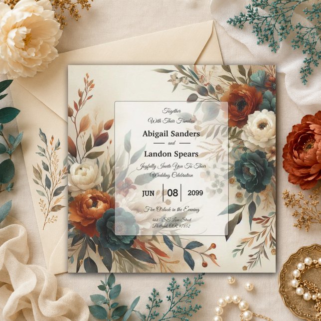Burnt Orange and Blue Fall Flowers Wedding Invitation (Creator Uploaded)