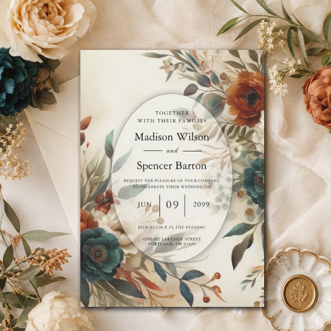 Burnt Orange and Blue Fall Flowers Wedding Invitation (Creator Uploaded)