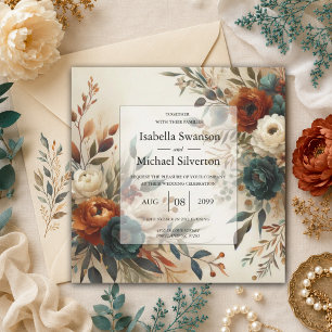 Burnt Orange and Blue Fall Flowers Wedding Invitation
