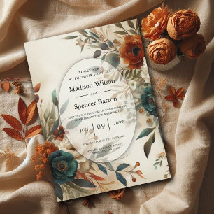 Burnt Orange and Blue Fall Flowers Wedding Invitation