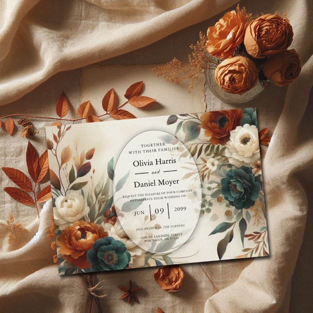Burnt Orange and Blue Fall Flowers Wedding Invitation (Creator Uploaded)