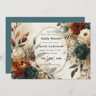 Burnt Orange and Blue Fall Flowers Wedding Invitation