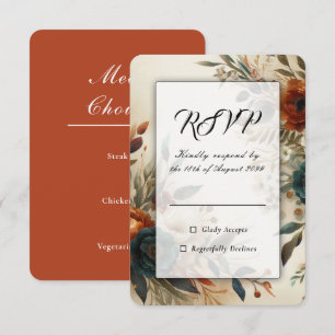 Burnt Orange and Blue Fall Flowers Wedding RSVP Card