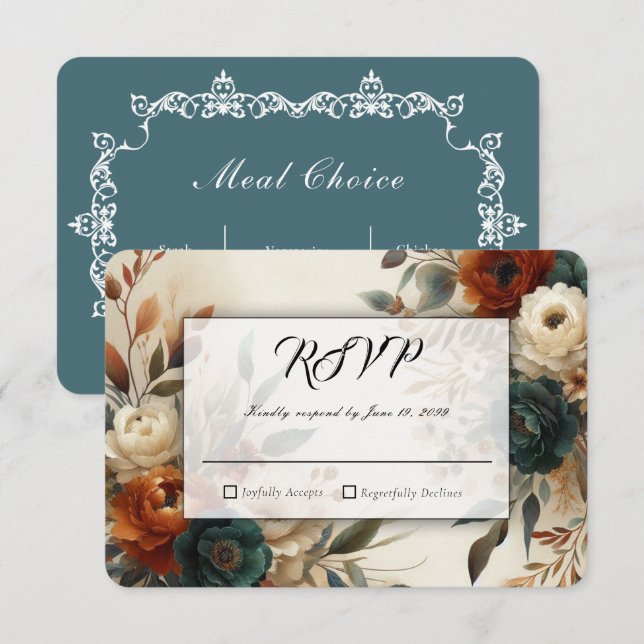 Burnt Orange and Blue Fall Flowers Wedding RSVP Card (Front/Back)